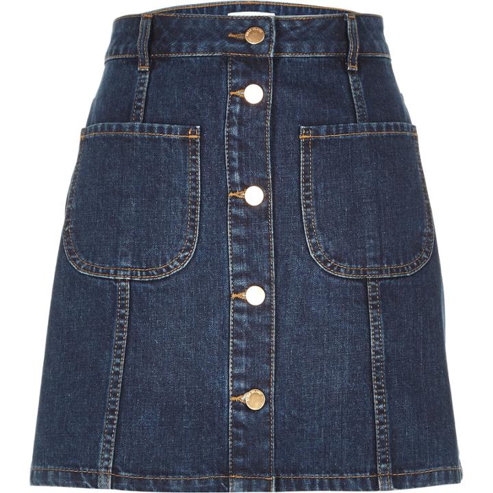 River Island Womens Dark Denim Button-up A-line Skirt