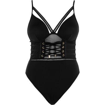 River Island Womens Mesh Strappy Corset Plunge Swimsuit