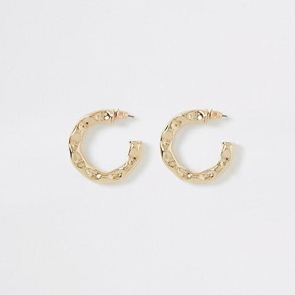 River Island Womens Gold Colour Battered Midi Hoop Earrings
