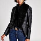 River Island Womens Faux Fur Collar Long Puff Sleeve Jacket
