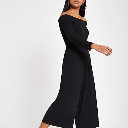 River Island Womens Petite Ribbed Bardot Wide Leg Jumpsuit