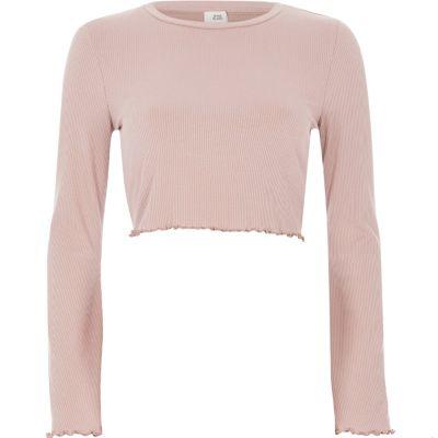 River Island Womens Nude Rib Bell Sleeve Frill Edge Crop Top
