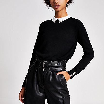 River Island Womens Long Sleeve Diamante Collar Knitted Top