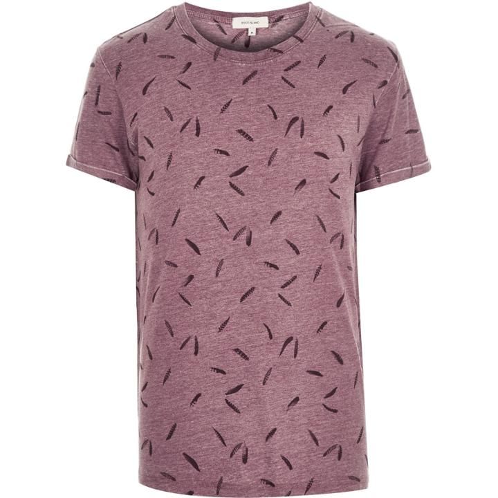 River Island Mensred Micro Feather Print T-shirt