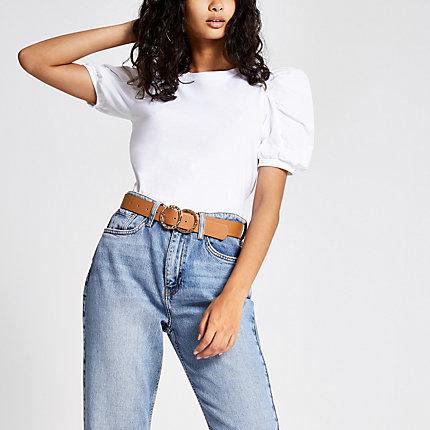River Island Womens White Short Puff Sleeve T-shirt