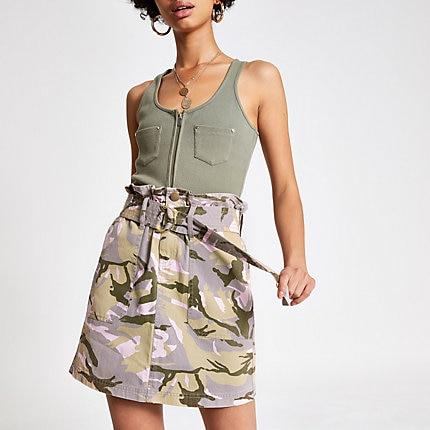 River Island Womens Camo Belted Denim Skirt