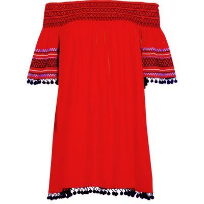 River Island Womens Pom Pom Shirred Bardot Beach Dress
