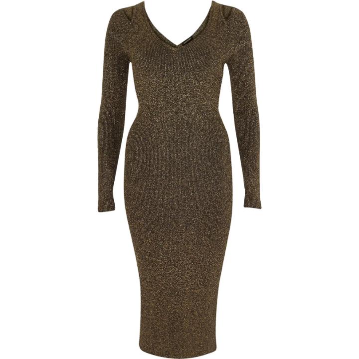 River Island Womens Gold Glittery Knitted Cut-out Bodycon Dress