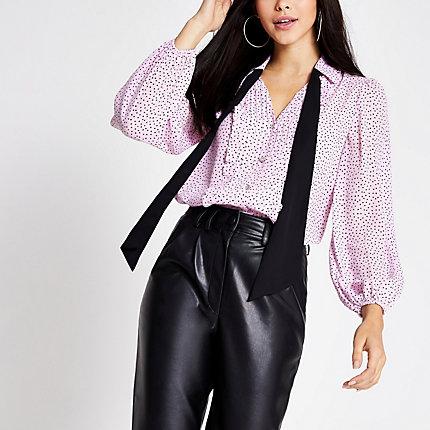 River Island Womens Polka Dot Long Sleeve Tie Neck Shirt