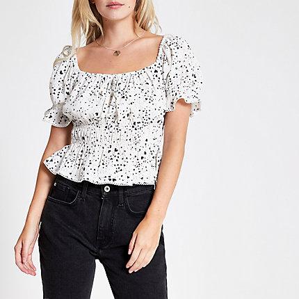 River Island Womens Petite White Heart Print Bow Front Tea Top
