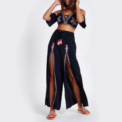 River Island Womens Embroidered Split Front Beach Pants