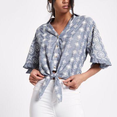 River Island Womens Broderie Tie Front Crop Shirt