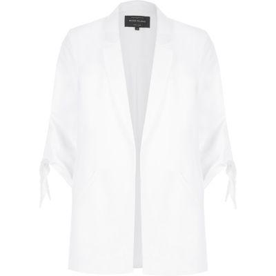 River Island Womens White Self Stripe Tie Cuff Longline Blazer
