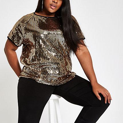 River Island Womens Plus Gold Sequin T-shirt