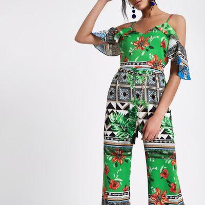 River Island Womens Cold Shoulder Mixed Print Jumpsuit