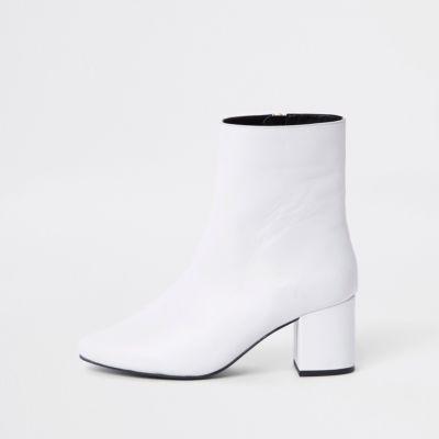 River Island Womens White Leather Block Heel Boots