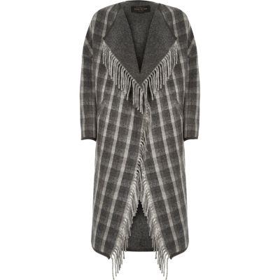 River Island Womens Check Wool-blend Fringed Coat