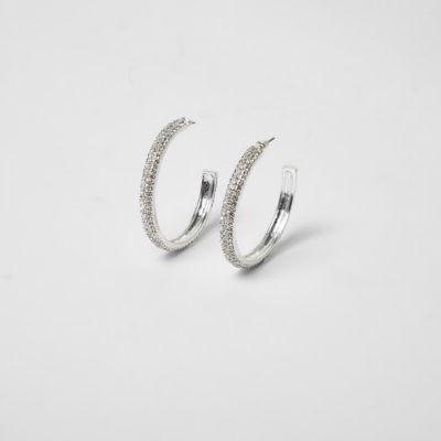 River Island Womens Silver Tone Chunky Rhinestone Hoop Earrings