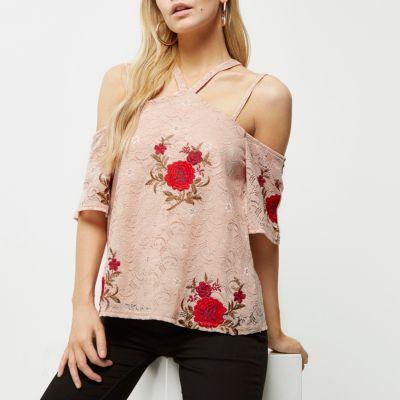River Island Womens Petite Floral Cold Shoulder Top