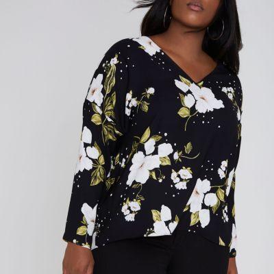 River Island Womens Plus Floral Lace-up Long Sleeve Top