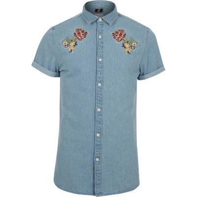 River Island Mens Slim Fit Embroidered Denim Shirt