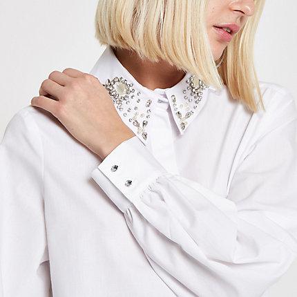 River Island Womens White Embellished Collar Long Sleeve Shirt
