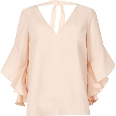 River Island Womens Frill Sleeve Tie Back V Neck Top