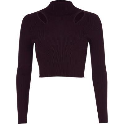 River Island Womens Ribbed Cut Out Cropped Long Sleeve Top