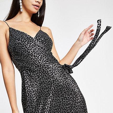 River Island Womens Plisse Leopard Print Waisted Midi Dress