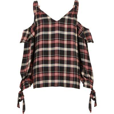 River Island Womens Check Long Sleeve Cold Shoulder Top