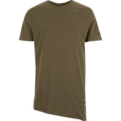 River Island Mens Asymmetric Longline Holey T-shirt