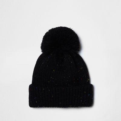 River Island Mensblack Flecked Knit Bobble Hat
