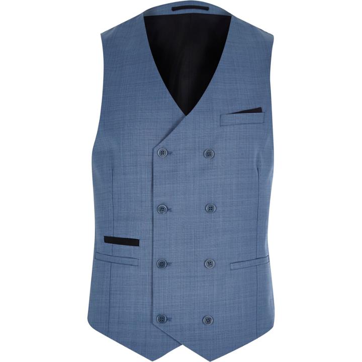 River Island Mensblue Double Breasted Wool-blend Vest