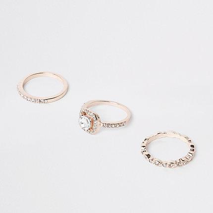 River Island Womens Rose Gold Diamante Ring Pack