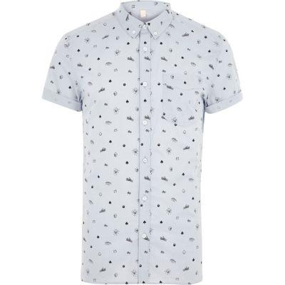 River Island Mens Skull Print Slim Fit Short Sleeve Shirt