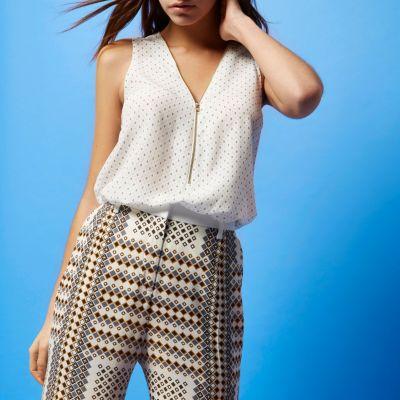 River Island Womens Ri Studio White Print Zip Silk Blouse