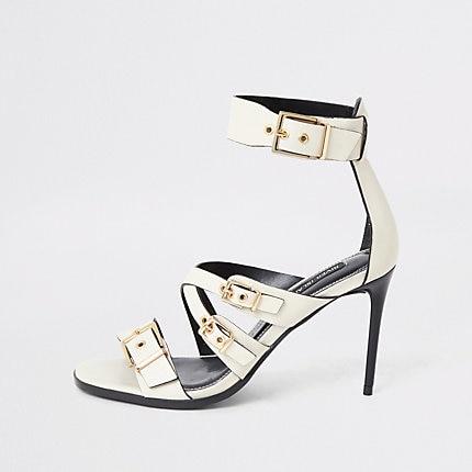 River Island Womens White Leather Buckle Heeled Sandal