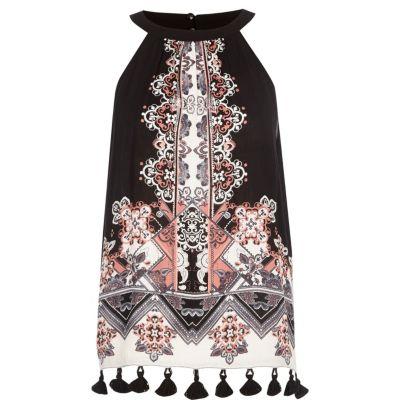 River Island Womens Scarf Print Tassel Hem High Neck Top