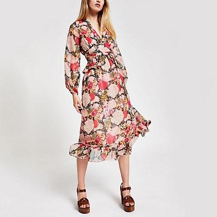 River Island Womens Floral Print Embellished Waisted Dress