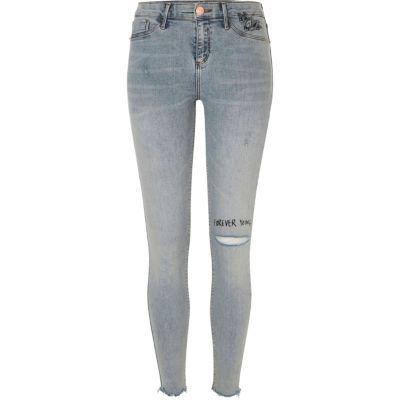 River Island Womens Light Wash Slogan Ripped Molly Jeggings