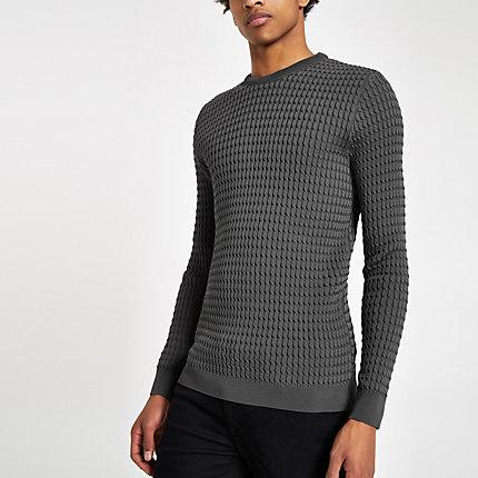 River Island Mens Cable Textured Crew Neck Slim Fit Jumper