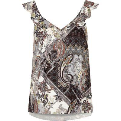 River Island Womens And Grey Paisley Print Frill Top