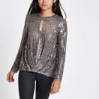River Island Womens Petite Sequin Tuck Front Long Sleeve Top