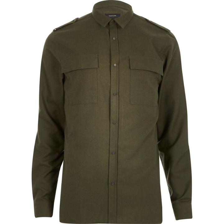 River Island Mensgreen Military Two Pocket Shirt