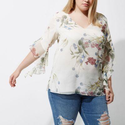 River Island Womens Plus Floral Print Frill Sleeve Top