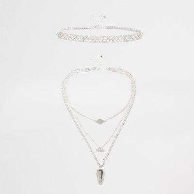 River Island Womens Silver Tone Teardrop Pendant Choker Multipack