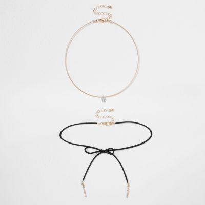 River Island Womens Gold Tone Rhinestone Two Row Bolo Choker Set
