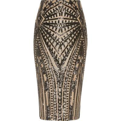River Island Womens Gold Geo Sequin Midi Pencil Skirt