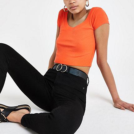 River Island Womens Ribbed Scoop Neck Crop T-shirt