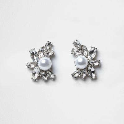 River Island Womens Silver Tone Jewel Pearl Cluster Stud Earrings